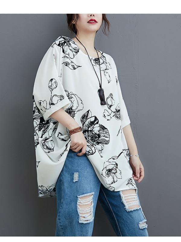 Plus Size Loose Print Chiffon T-Shirt