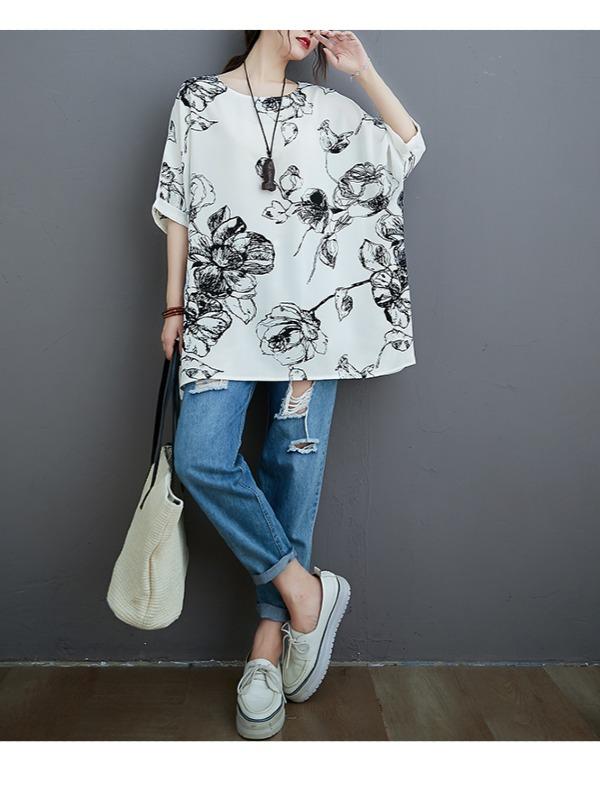 Plus Size Loose Print Chiffon T-Shirt