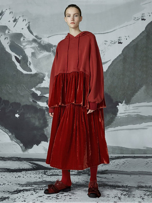 Autumn Spliced Crimson Sweatshirt And Calf Skirt