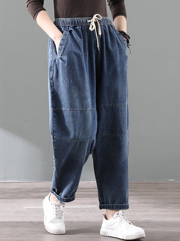 Vintage Splicing Elastic Waist Jean Harem Pants