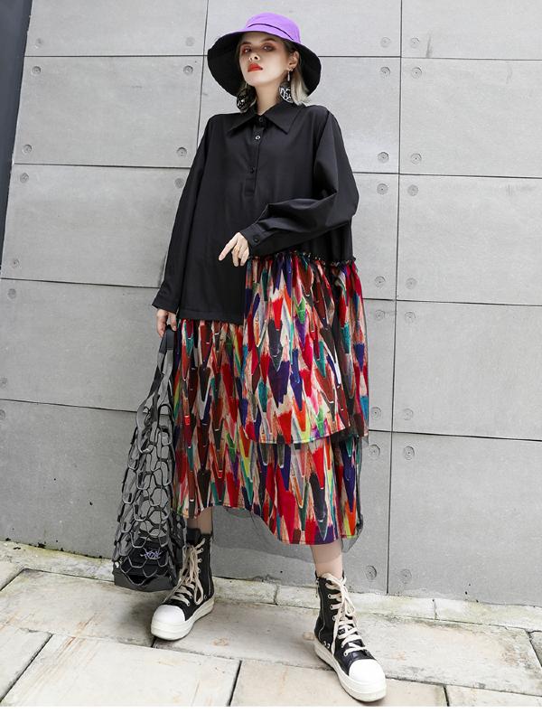 Colorful Printed Cropped Split-joint Midi Dress