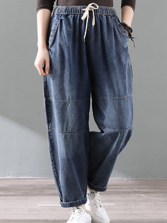 Vintage Splicing Elastic Waist Jean Harem Pants