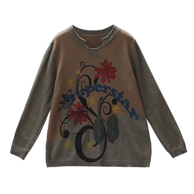 Retro Flower Printed Loose Knitting Shirt
