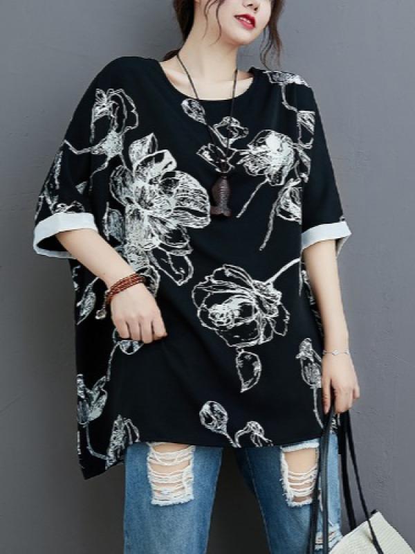 Plus Size Loose Print Chiffon T-Shirt