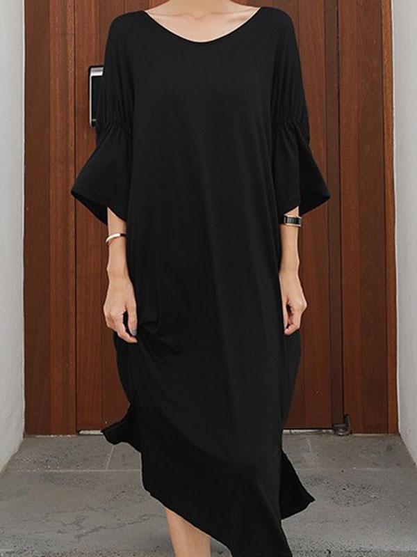 Black Three-quarter Sleeve Long Dress with Open Back Cut