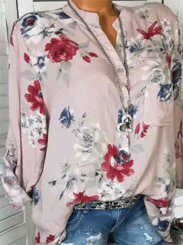 Fashion V-neck Floral Long Sleeves Blouses&shirts Tops