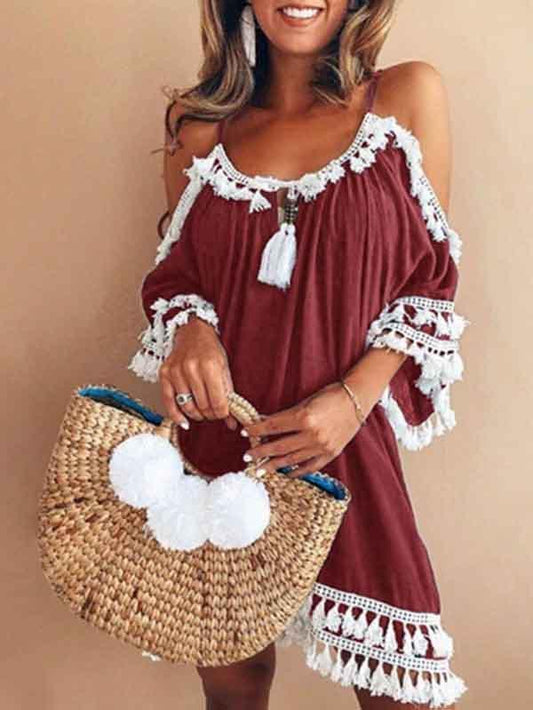 Halterneck Tassels Short Sleeves Mini Dress