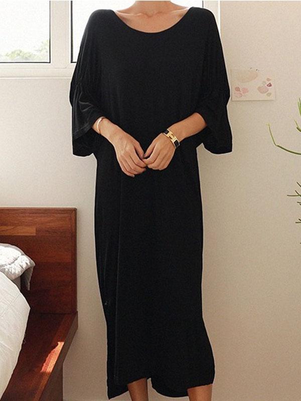 Black Three-quarter Sleeve Long Dress with Open Back Cut