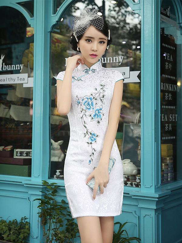 Chinese Traditional Short Sleeves Dress with Flower Print