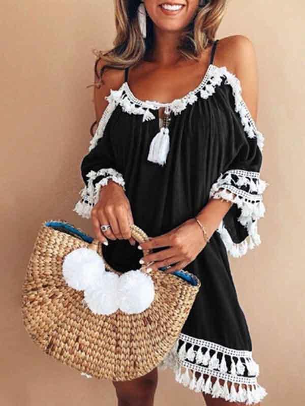 Halterneck Tassels Short Sleeves Mini Dress