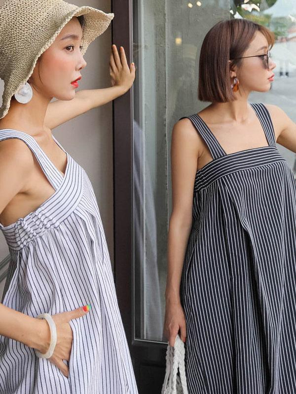 Casual Simple Stripe Cotton Jumpsuit