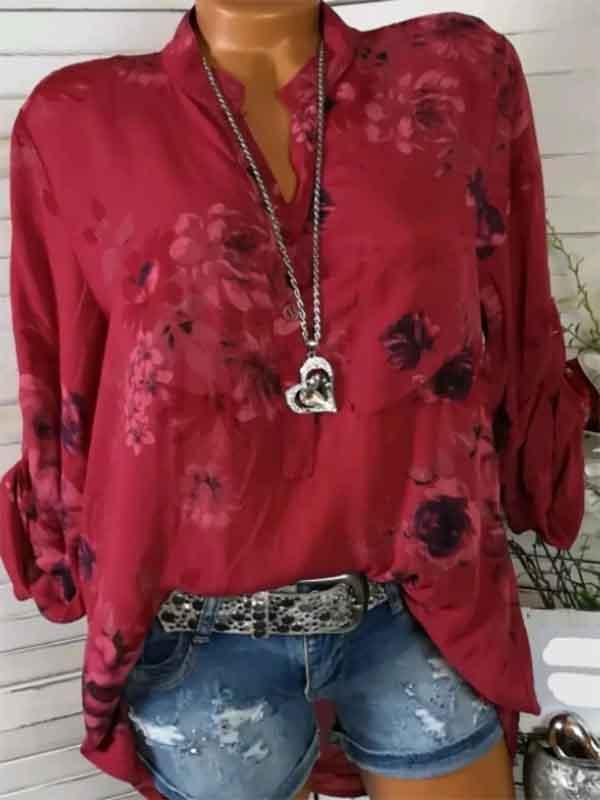 Fashion V-neck Floral Long Sleeves Blouses&shirts Tops