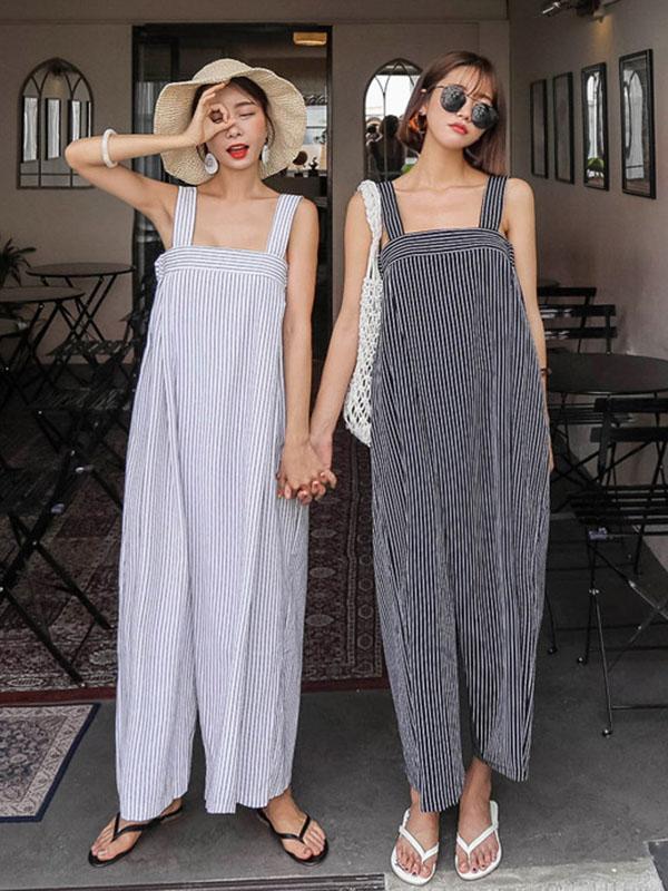 Casual Simple Stripe Cotton Jumpsuit