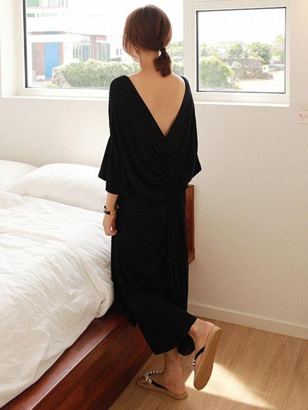 Black Three-quarter Sleeve Long Dress with Open Back Cut