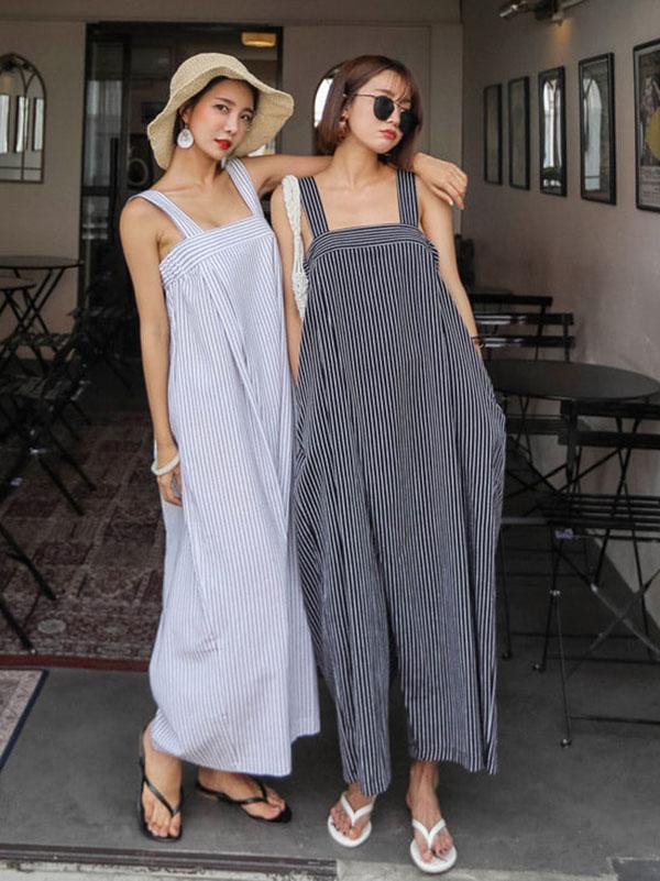 Casual Simple Stripe Cotton Jumpsuit