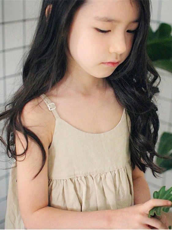 Casual Open Shoulder Sleeveless Girl Kid Dress in Apricot Color