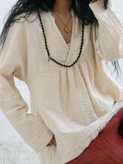 Linen Cotton V-neck Fold Blouse