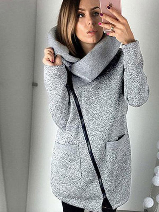 Women Spring Winter Zipped Sweatshirt Big Colar Coat