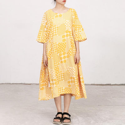 Yellow Cotton Short Sleeves Summer Casual Pleated Dress