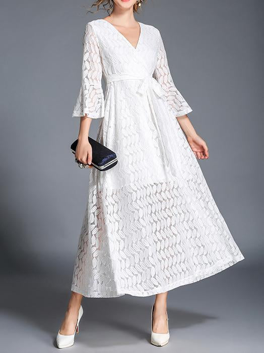 Lace Hollow V-neck Flared Sleeves Maxi Dress