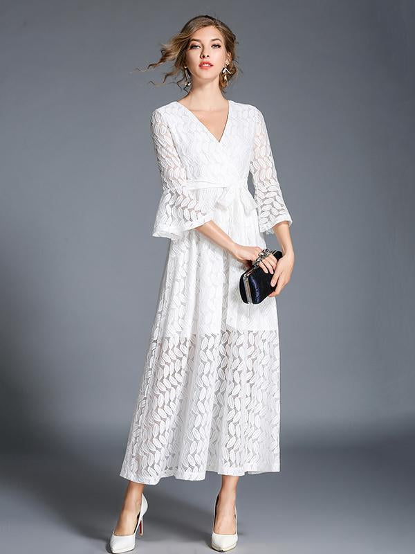 Lace Hollow V-neck Flared Sleeves Maxi Dress