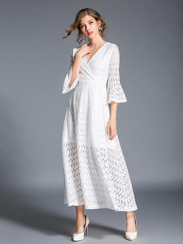 Lace Hollow V-neck Flared Sleeves Maxi Dress