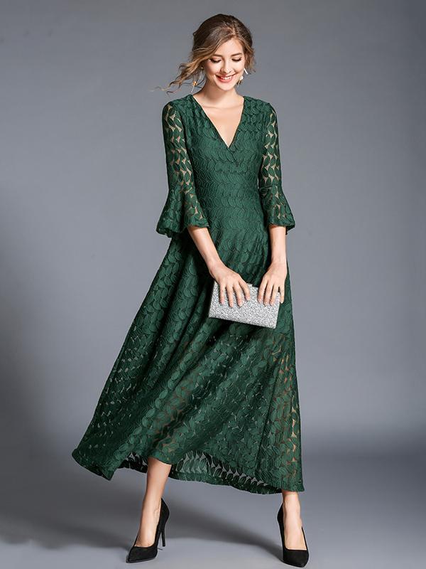 Lace Hollow V-neck Flared Sleeves Maxi Dress