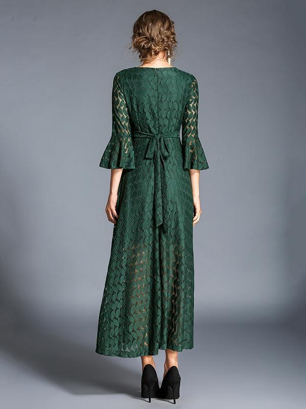 Lace Hollow V-neck Flared Sleeves Maxi Dress