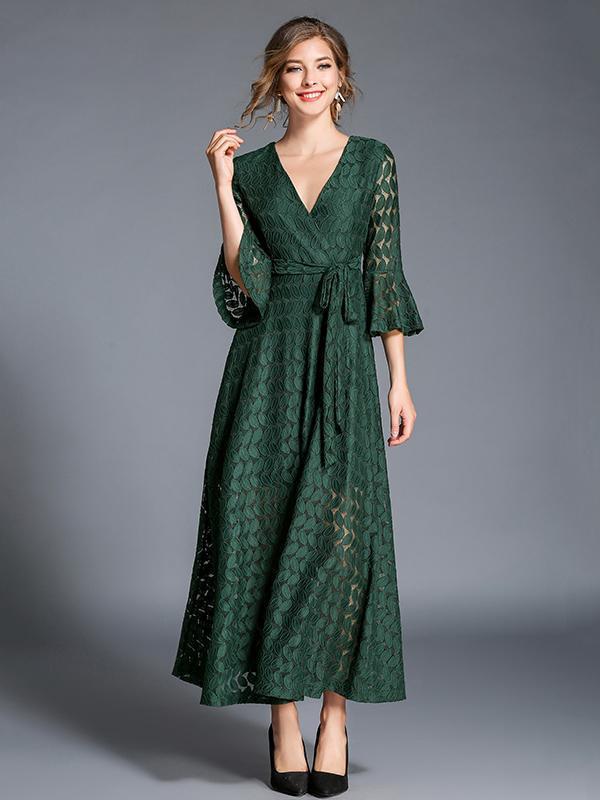 Lace Hollow V-neck Flared Sleeves Maxi Dress