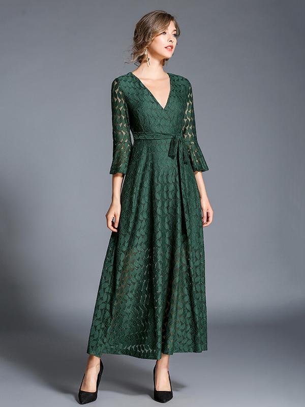 Lace Hollow V-neck Flared Sleeves Maxi Dress