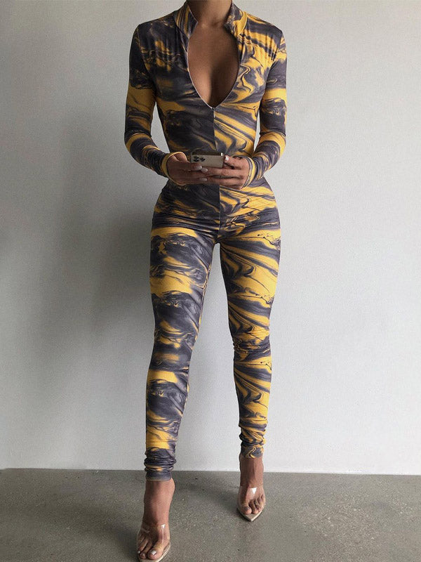 Printed Zipper Long Sleeves Jumpsuits