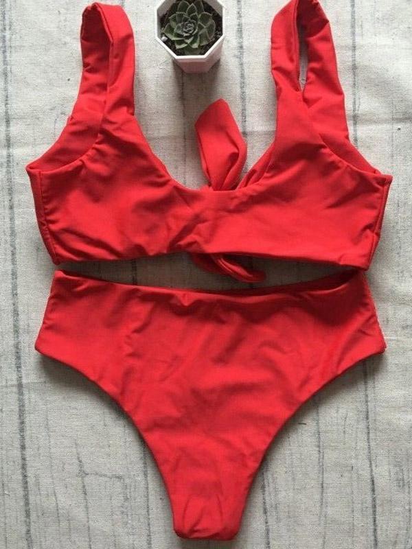 High Waisted Knot Plain Bikinis Swimwear