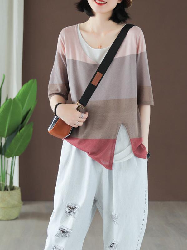 Casual Meryl Striped Split-side T-shirt