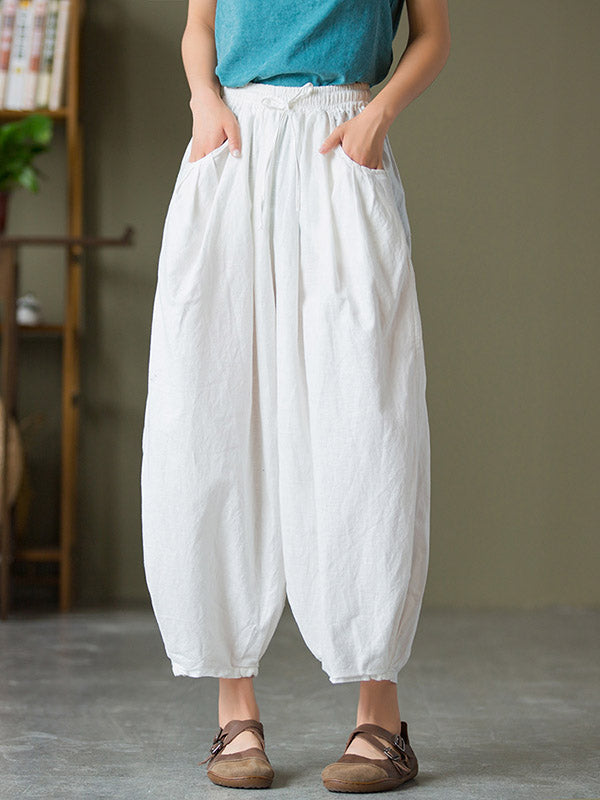 Simple Casual Loose Linen Solid Color Pleated Drawstring Knickerbockers