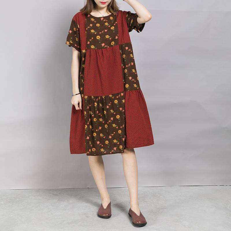 Casual Floral And Plaid Pattern Midi Dress