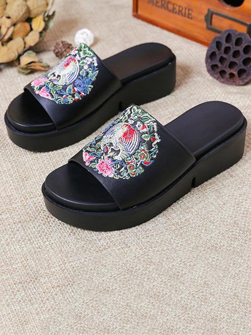 Embroidered Peep-toe Slides Shoes