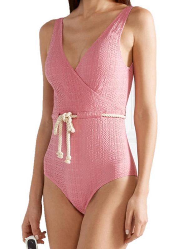 Ribbed Wrap Plain One-piece Swimwear