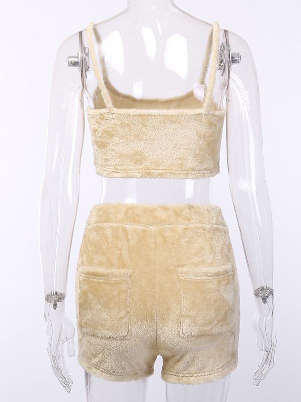 Solid Furry Spaghetti-neck Tank&Shorts Sports Suits