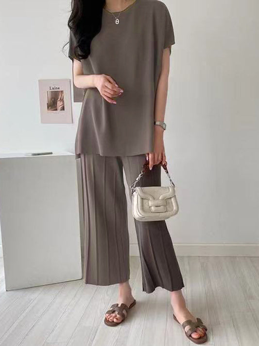 Casual Solid Color Split-Side Round-Neck Batwing Short Sleeves T-Shirt+Pleated Wide Leg Pants 2 Pieces Set