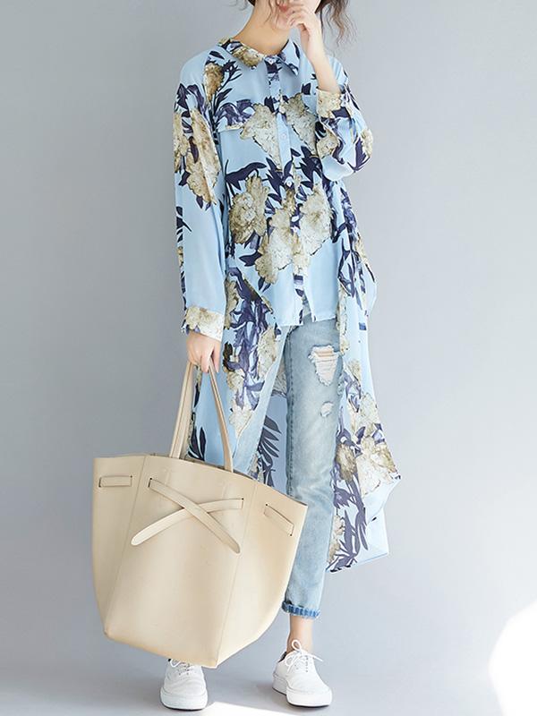 Loose Cropped Flower Printed Long Shirt