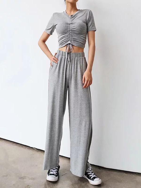 Drawstring Pleated Tees And Wide Leg Pants Suits