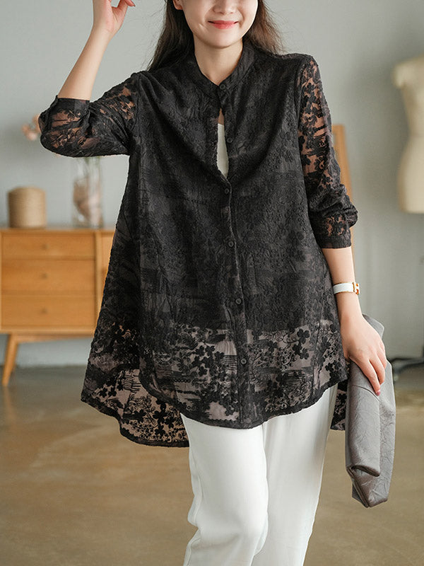 Artistic Retro Solid Color Lace Embroidered Buttoned Lapel Collar Blouse