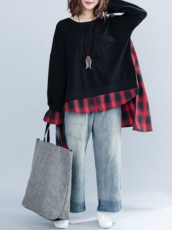 Loose Oversize Split-joint Plaid Sweatshirt