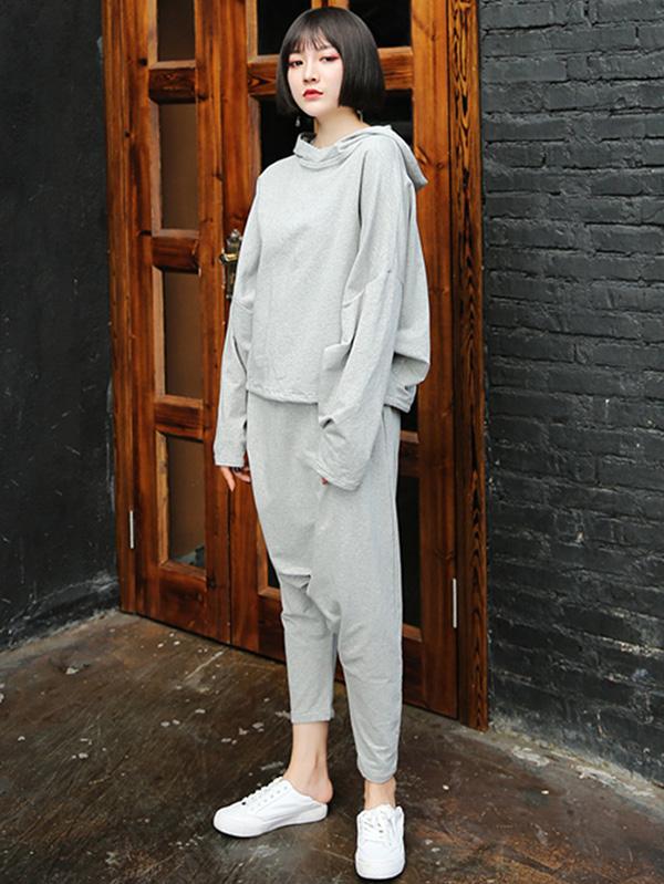 Light Gray Casual Solid Hoodie&Pants Suits