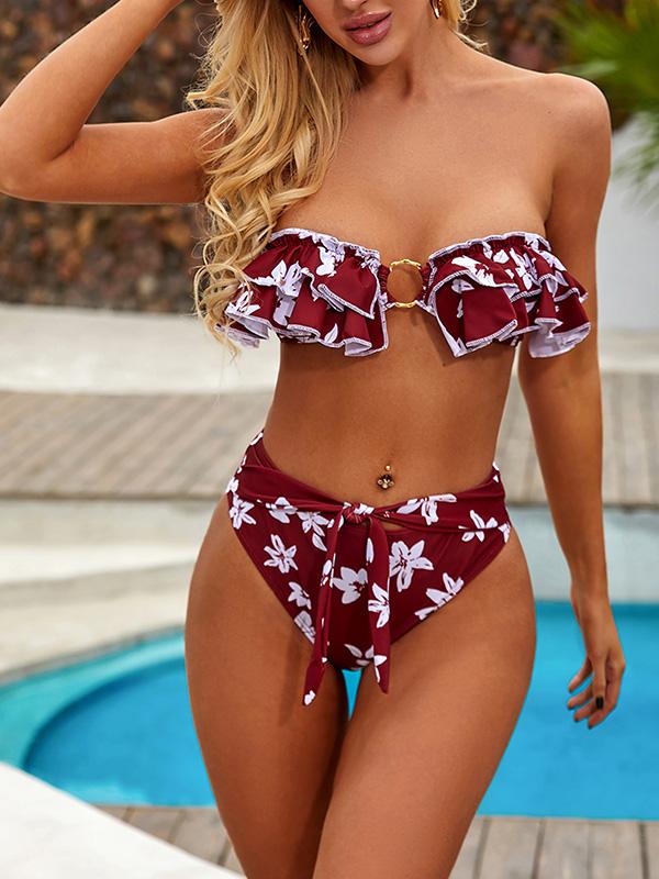 Floral-Print Ferrule Split Bikini Swimsuit