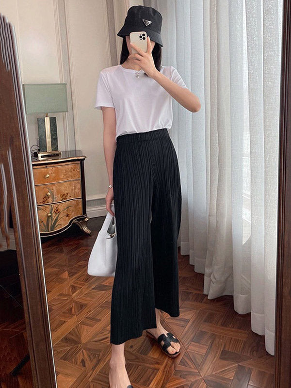 Simple Solid Color Empire Waisted Column Loose Ninth Wide-Leg Pants