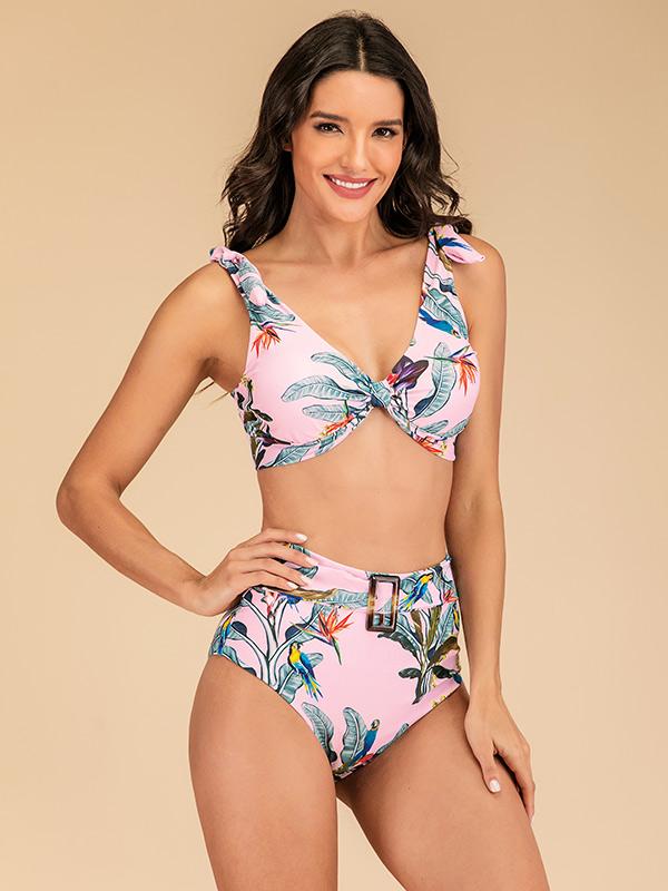 Sexy V-Neck Knotted Waistband Printing Split Type Bikini Swimsuit