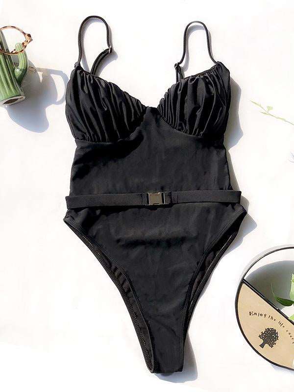 Sexy Spaghetti-Neck Fold Waist Buckle One-Piece Swimwear