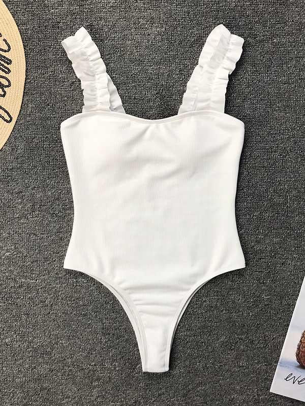 Plain Wooden Ear Straps One-Piece Swimsuit