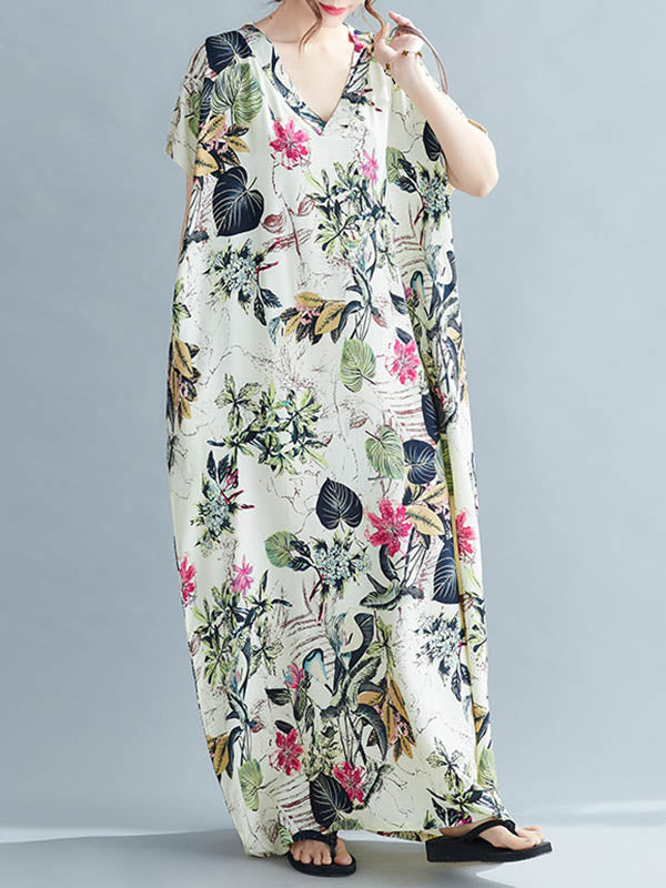 Original Floral Printed Loose Round-Neck Batwing Sleeves Maxi Dress